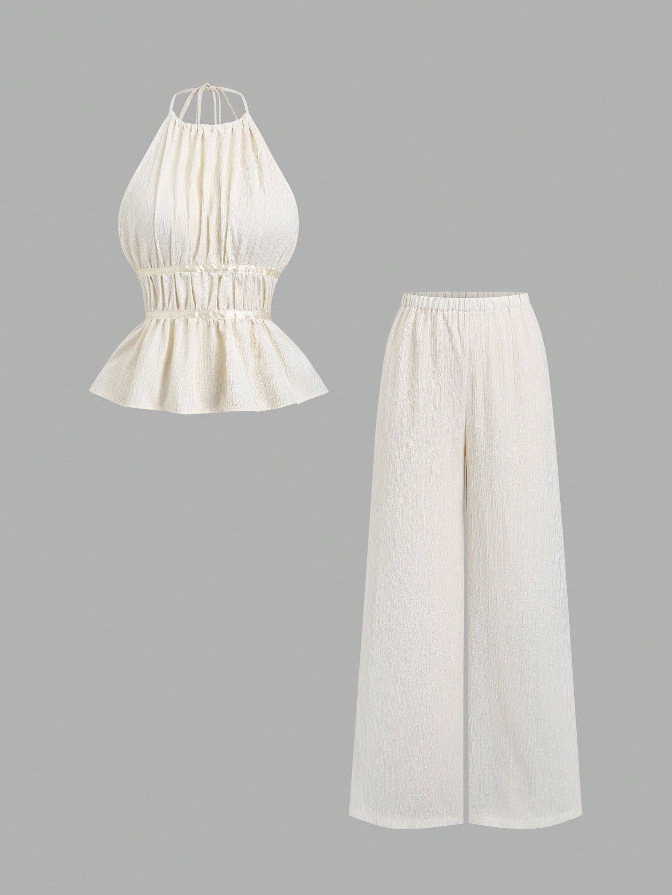 Sweetra Conjunto de 2 peças de camisola de cintura marcada e calças largas soltas de cor sólida, estilo francês, conjunto moderno para mulheres