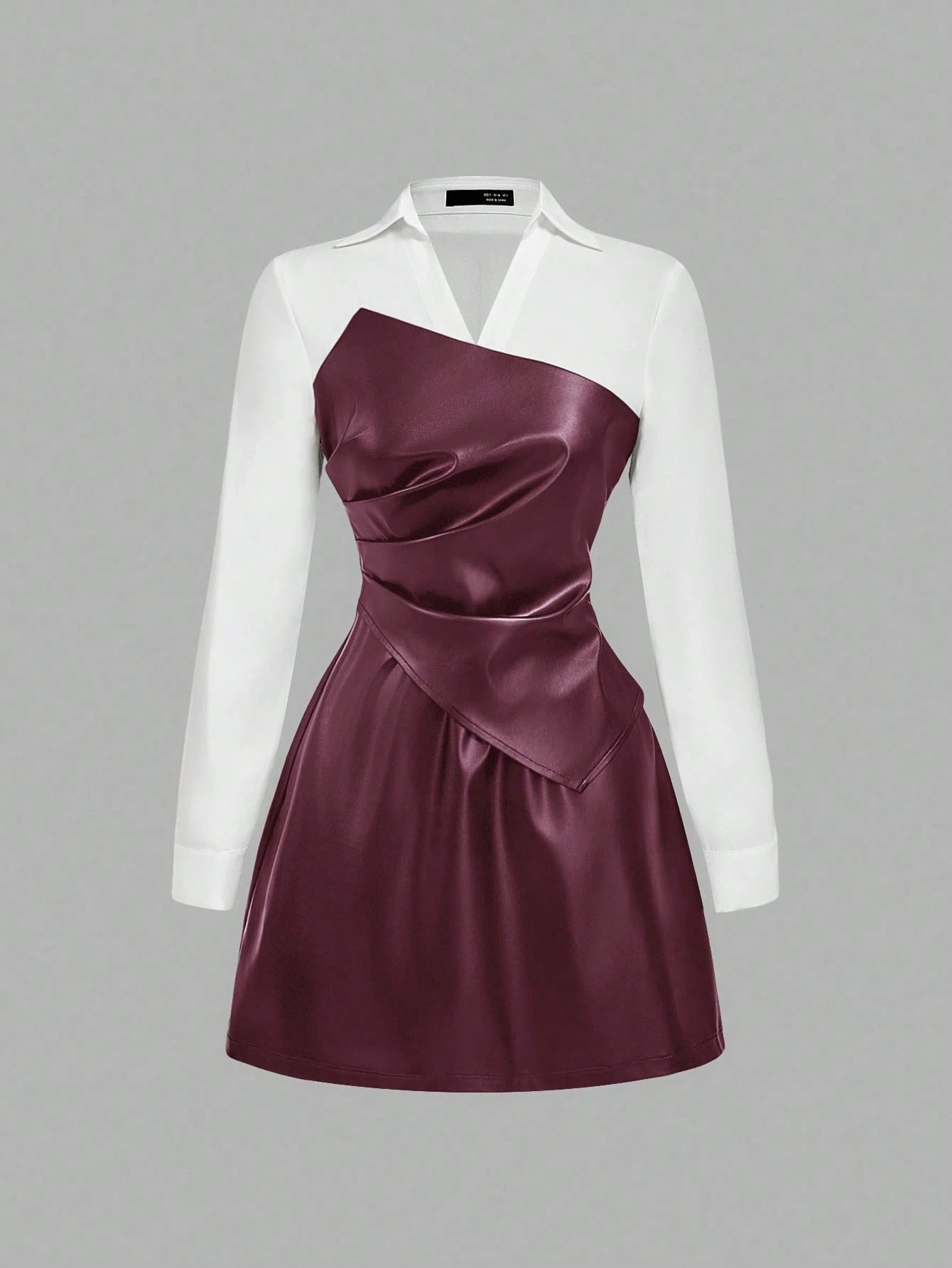 SHEIN MOD Vestido curto feminino de manga comprida em PU com blocos de cores e babados