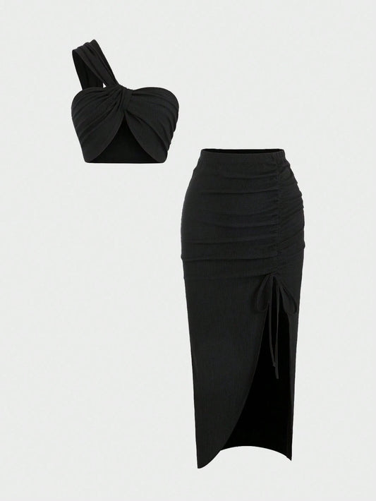 Sweetra Conjunto de duas peças feminino, blusa assimétrica com alças e saia plissada, cor sólida