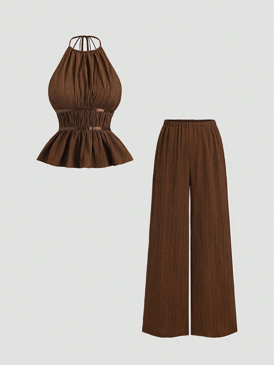 Sweetra Conjunto de 2 peças de camisola de cintura marcada e calças largas soltas de cor sólida, estilo francês, conjunto moderno para mulheres