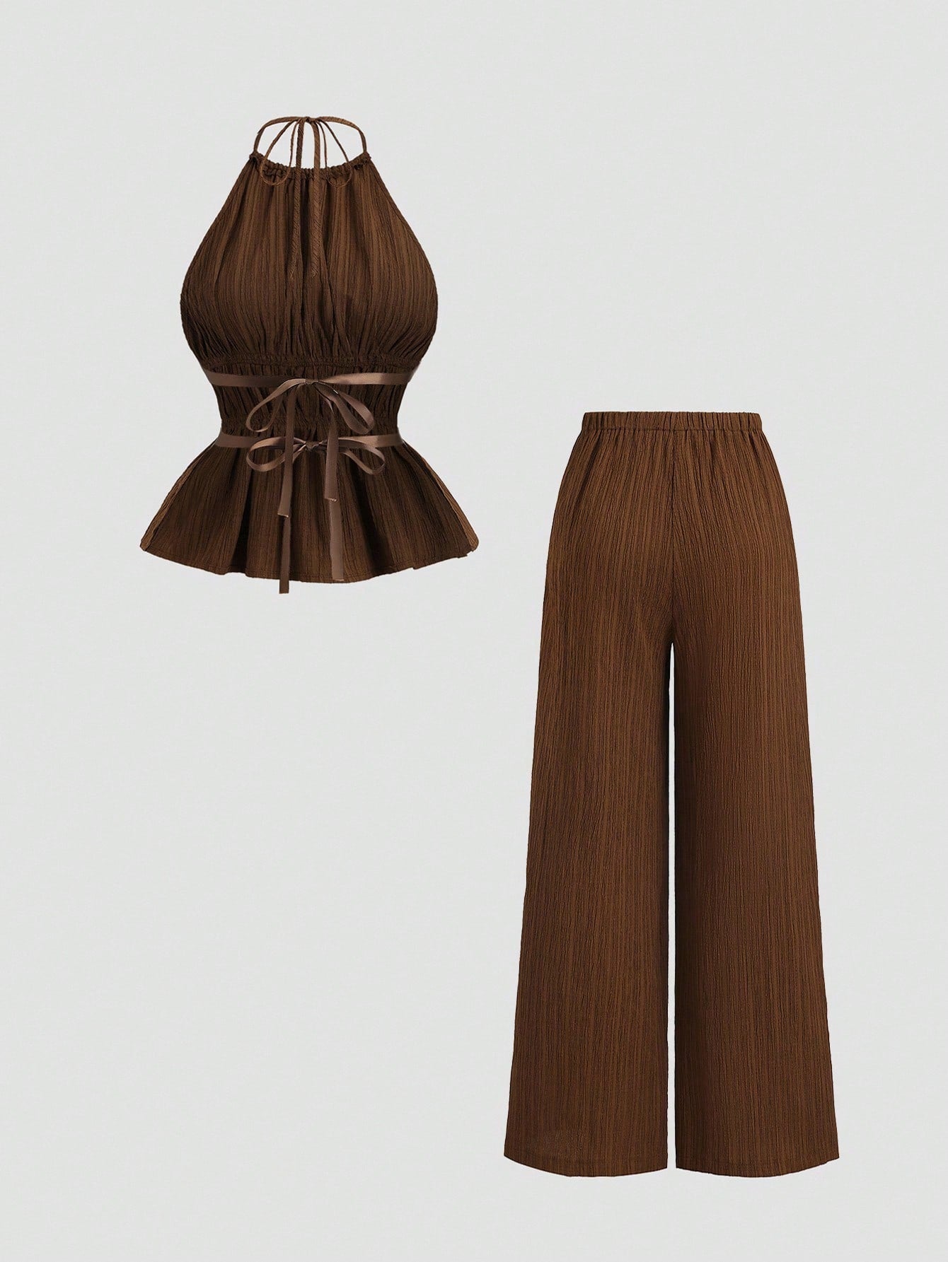 Sweetra Conjunto de 2 peças de camisola de cintura marcada e calças largas soltas de cor sólida, estilo francês, conjunto moderno para mulheres