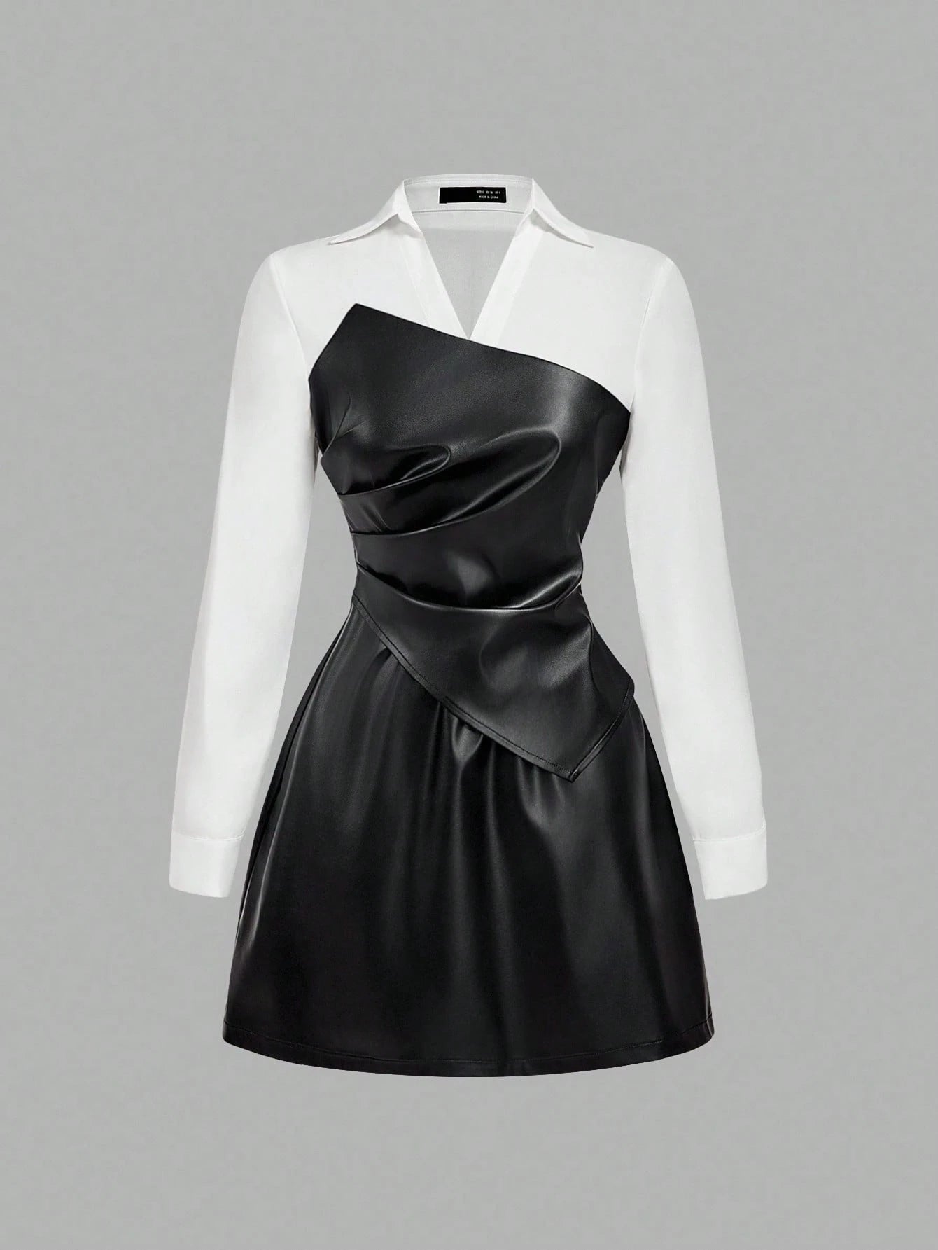 SHEIN MOD Vestido curto feminino de manga comprida em PU com blocos de cores e babados
