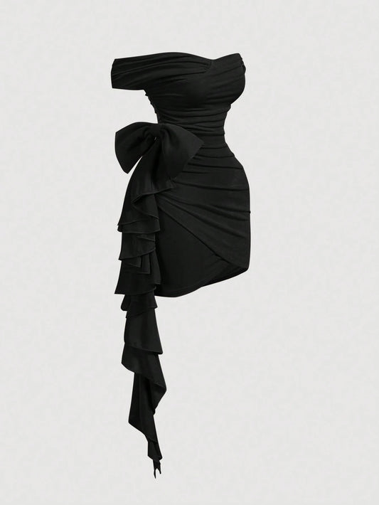 SHEIN MOD Vestido de Festa Elegante de Verão Cor Damasco Cáqui com Ombro Único, Cruzado e Detalhe de Laço Oversized, Perfeito para Celebrações de Aniversário, Férias, Encontros e Festivais