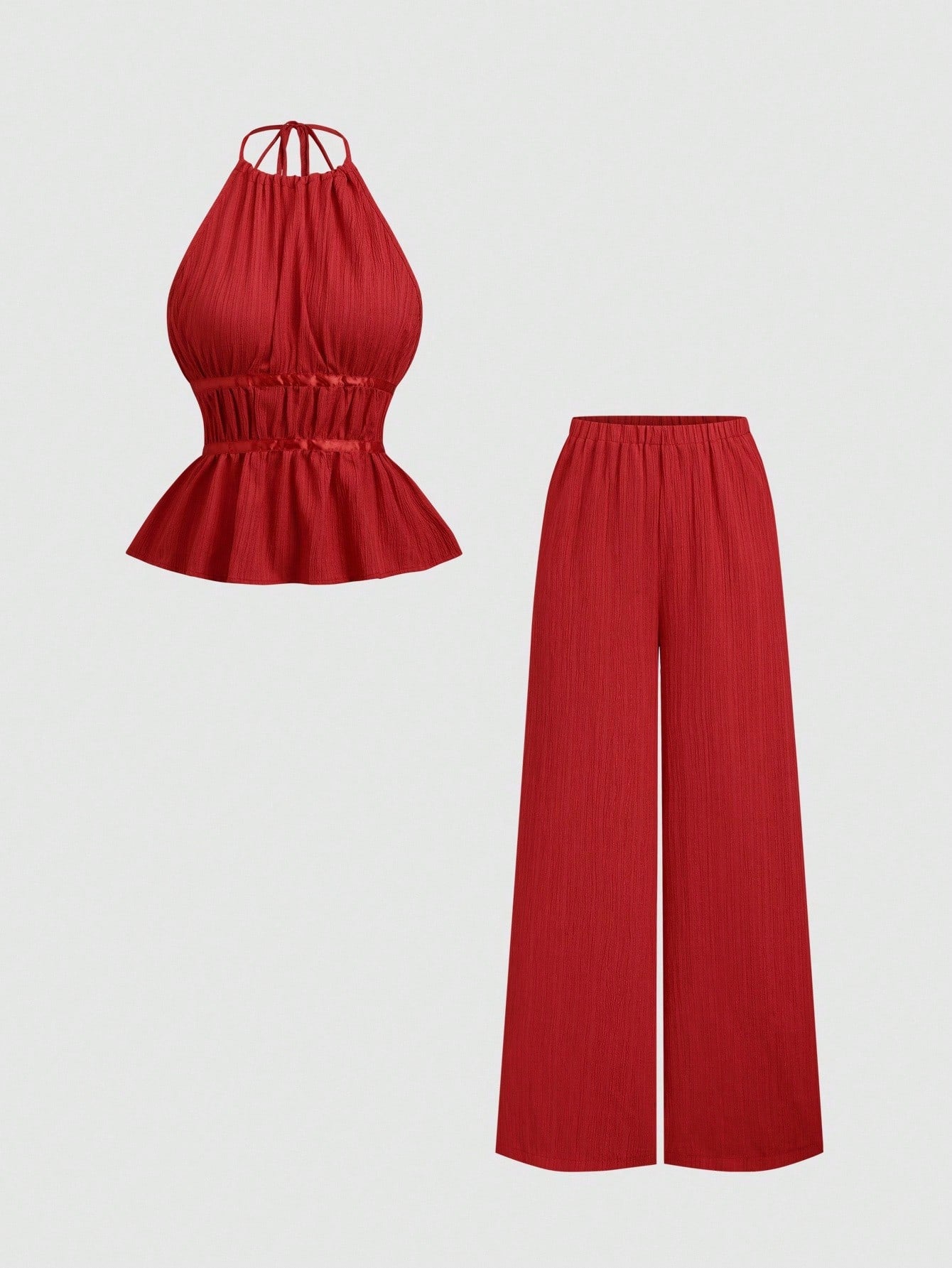 Sweetra Conjunto de 2 peças de camisola de cintura marcada e calças largas soltas de cor sólida, estilo francês, conjunto moderno para mulheres