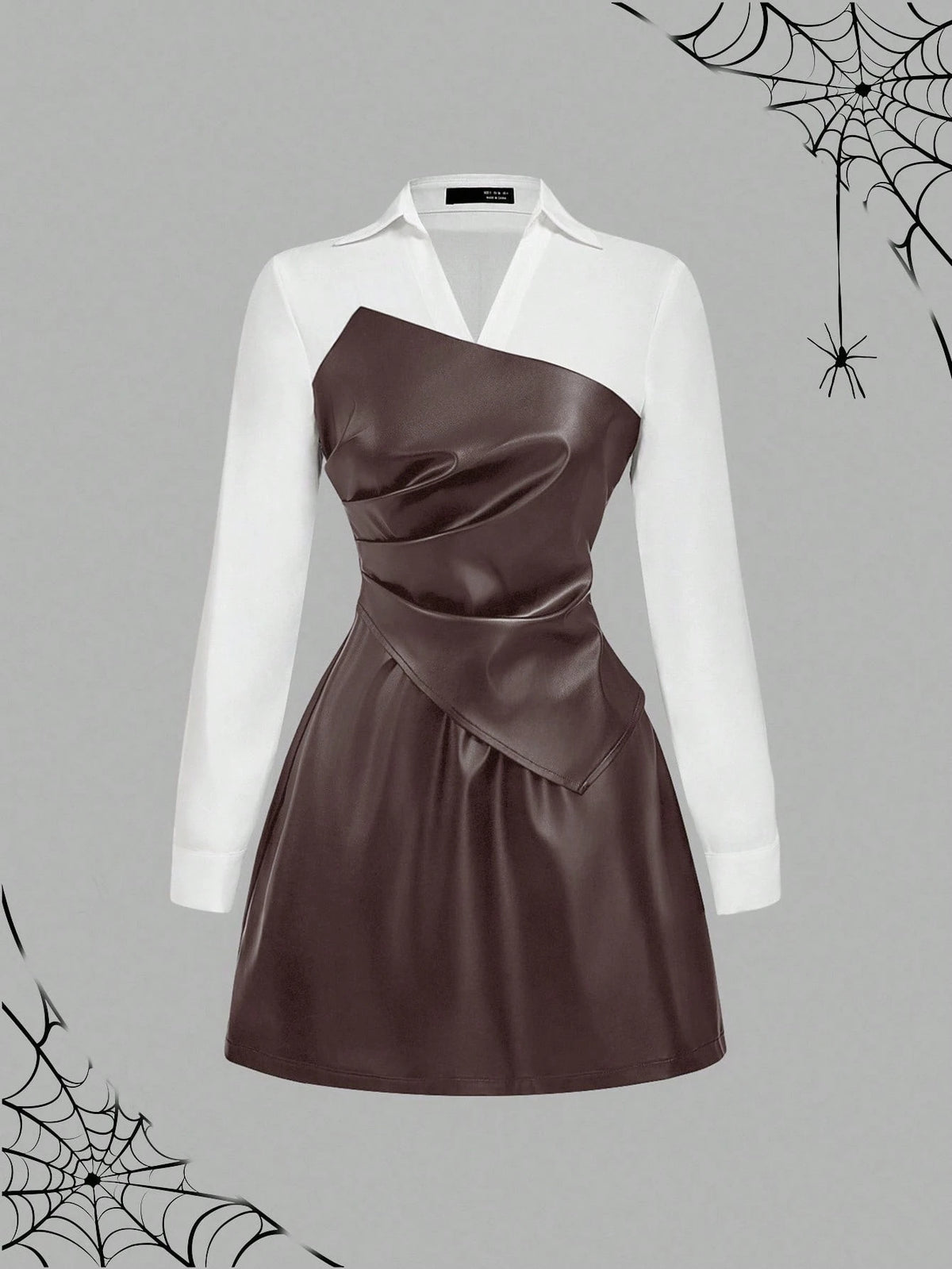 SHEIN MOD Vestido curto feminino de manga comprida em PU com blocos de cores e babados
