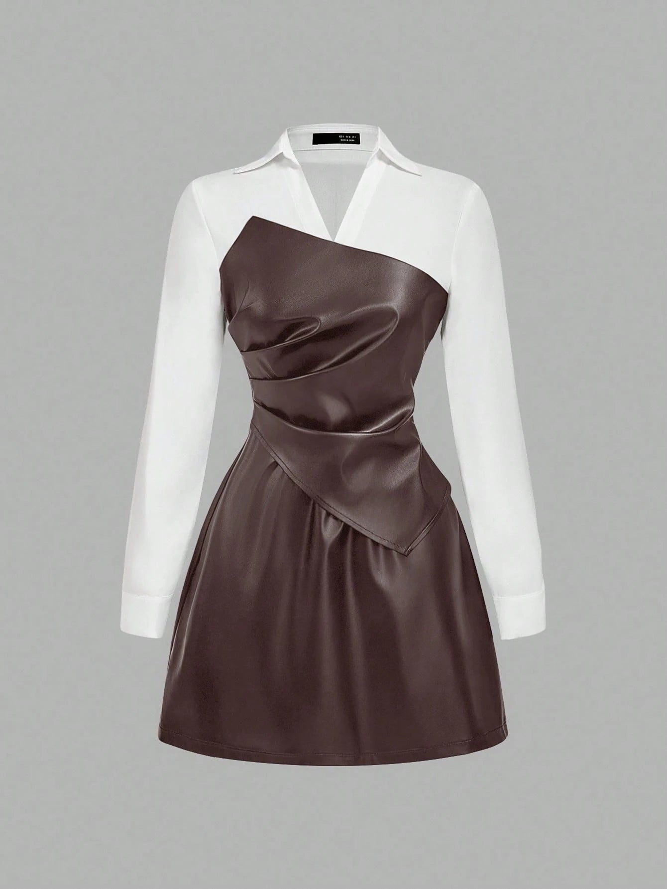 SHEIN MOD Vestido curto feminino de manga comprida em PU com blocos de cores e babados