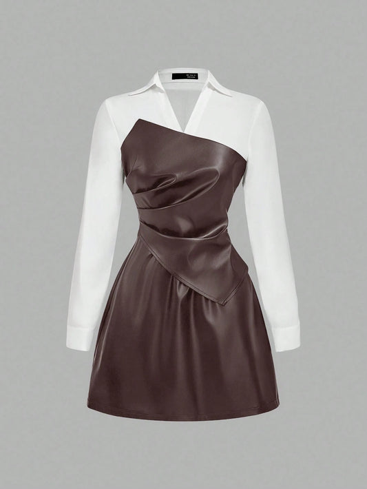 SHEIN MOD Vestido curto feminino de manga comprida em PU com blocos de cores e babados