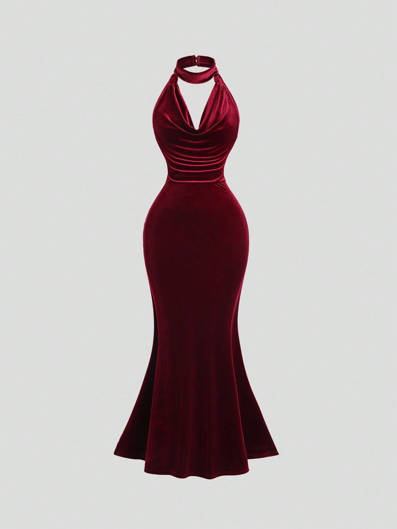 Sweetra Elegante vestido vintage vermelho para festa de ano novo, sofisticado vestido de veludo drapeado, decote sem costas, bainha sereia, sexy e moderno para mulheres, outono/inverno