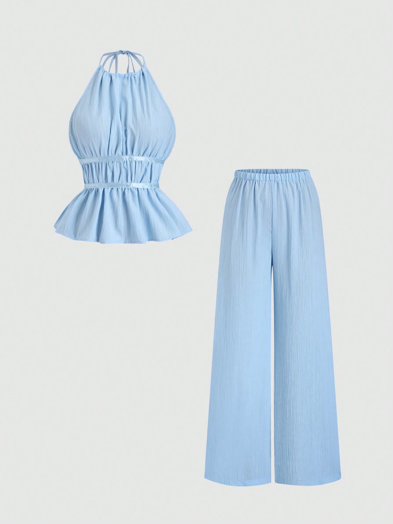 Sweetra Conjunto de 2 peças de camisola de cintura marcada e calças largas soltas de cor sólida, estilo francês, conjunto moderno para mulheres