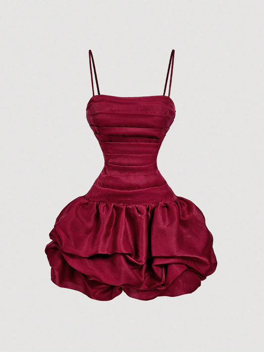 SHEIN MOD Vestido curto feminino de organza, justo, franzido, com bainha bolha, para o Dia dos Namorados