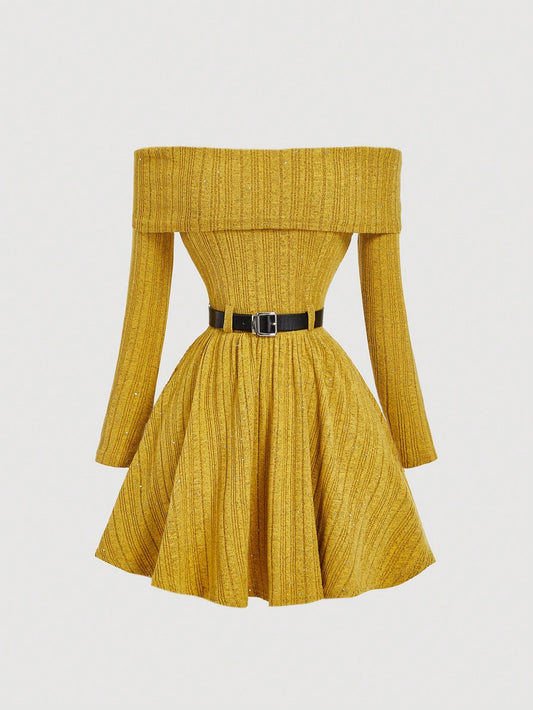 SHEIN MOD Vestido curto elegante com ombros à mostra e cinto, ideal para ir ao trabalho.