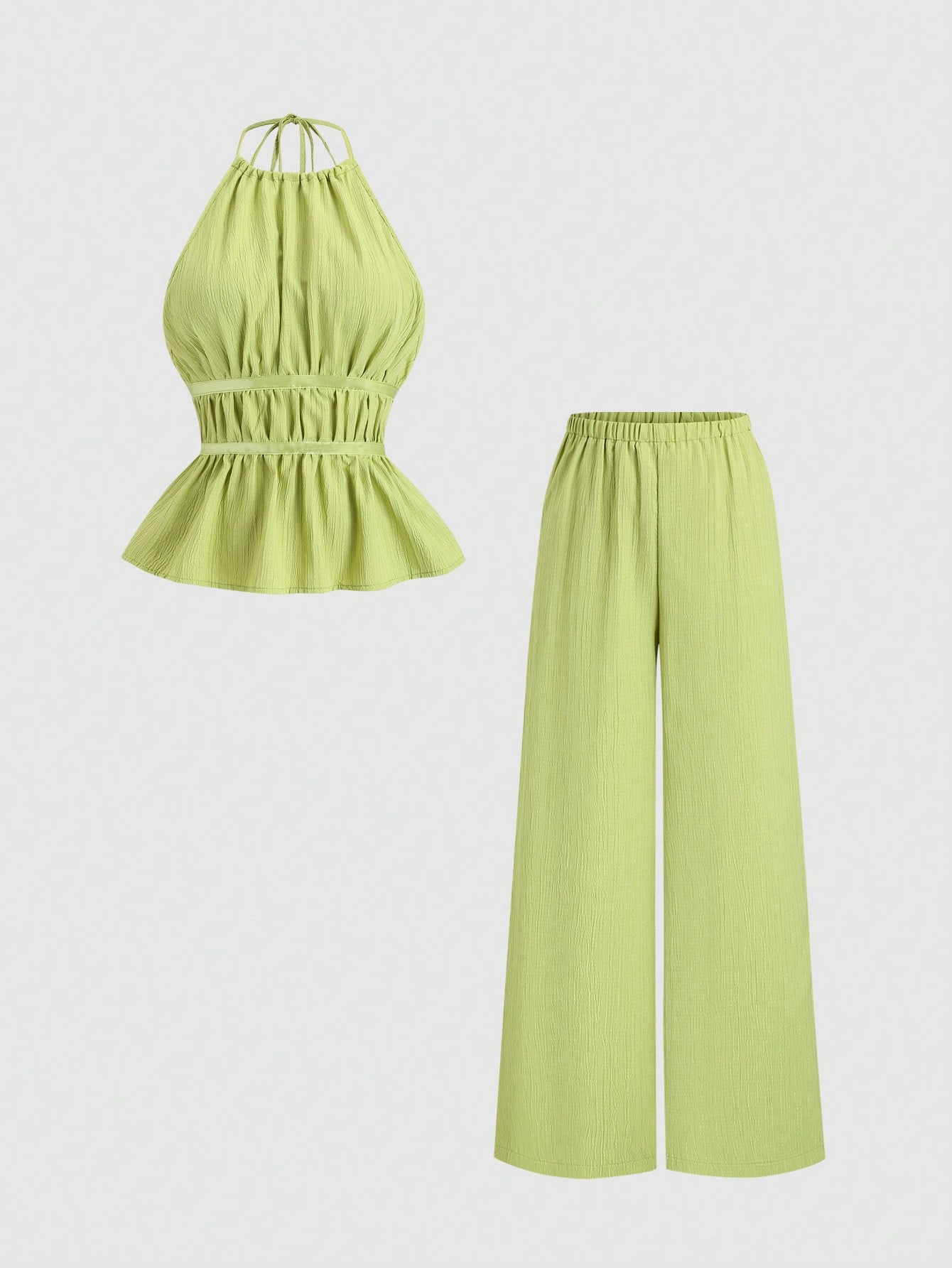 Sweetra Conjunto de 2 peças de camisola de cintura marcada e calças largas soltas de cor sólida, estilo francês, conjunto moderno para mulheres