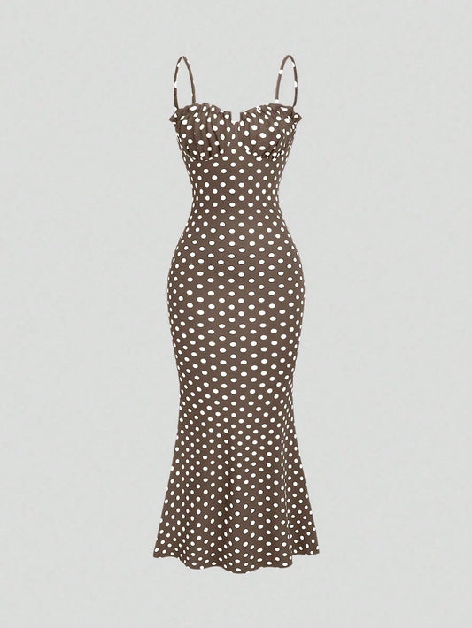 Sweetra Vestido feminino casual sexy com alças finas e costas nuas, preto e branco, com bolinhas, primavera e verão