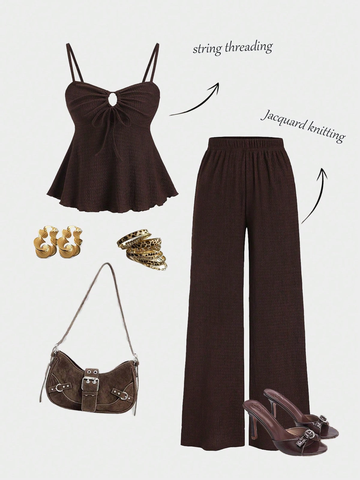 Sweetra Conjunpeças, composto por blusa regata cáqui casual com amarração na cintura e calça reta de pernas largas e confortáveis. Ideal para primavera/verão. Blusa marrom chocolate e blusa marrom escura. Look popular no Pinterest. Look feminino.