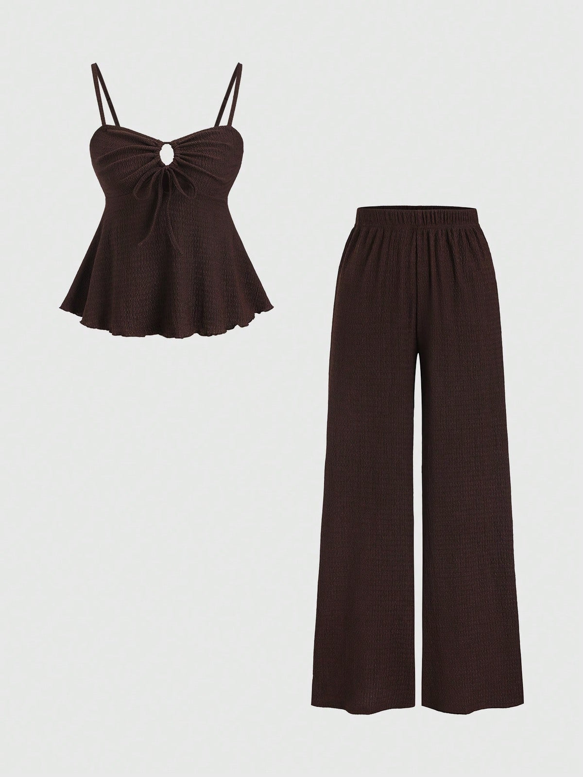 Sweetra Conjunpeças, composto por blusa regata cáqui casual com amarração na cintura e calça reta de pernas largas e confortáveis. Ideal para primavera/verão. Blusa marrom chocolate e blusa marrom escura. Look popular no Pinterest. Look feminino.