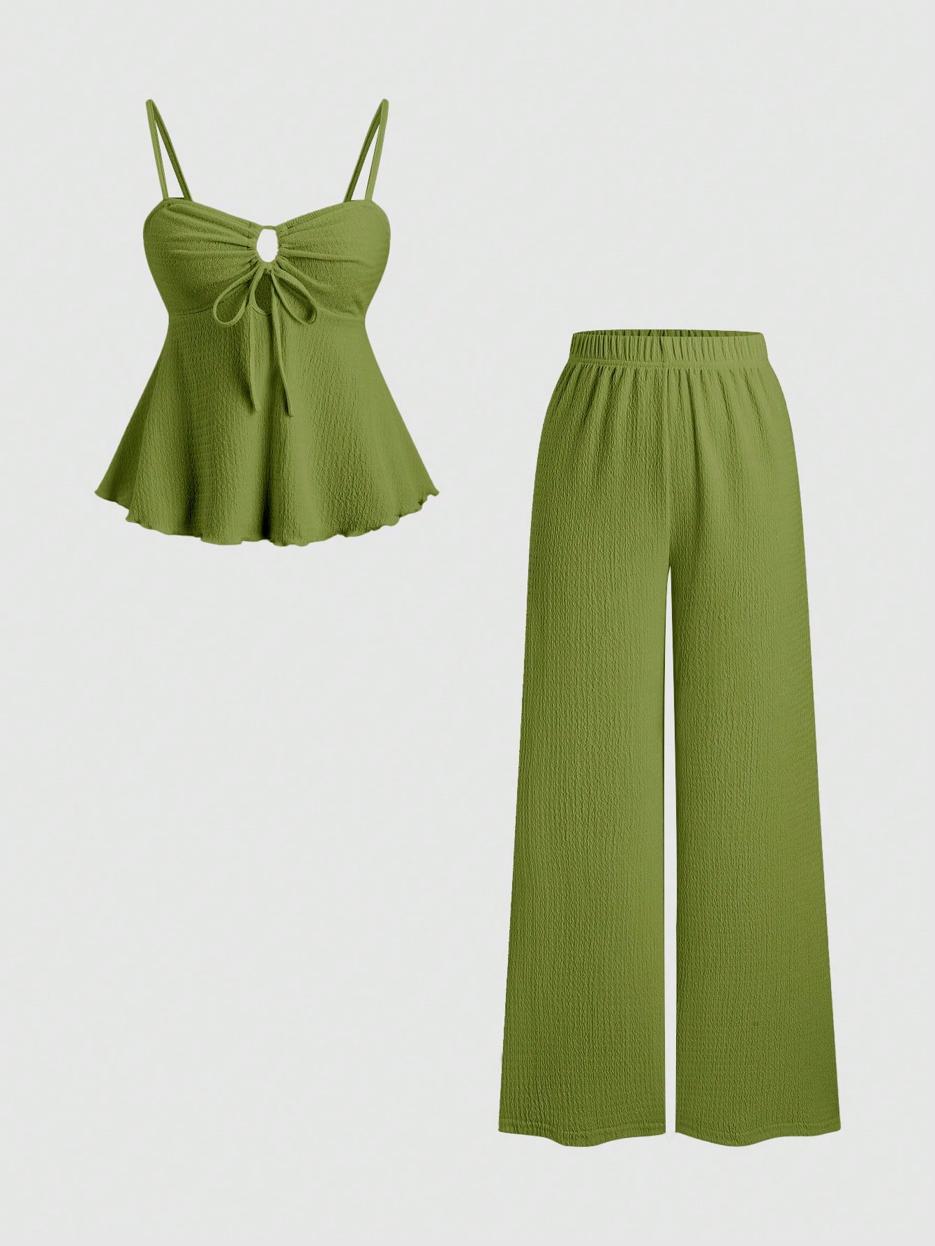 Sweetra Conjunpeças, composto por blusa regata cáqui casual com amarração na cintura e calça reta de pernas largas e confortáveis. Ideal para primavera/verão. Blusa marrom chocolate e blusa marrom escura. Look popular no Pinterest. Look feminino.
